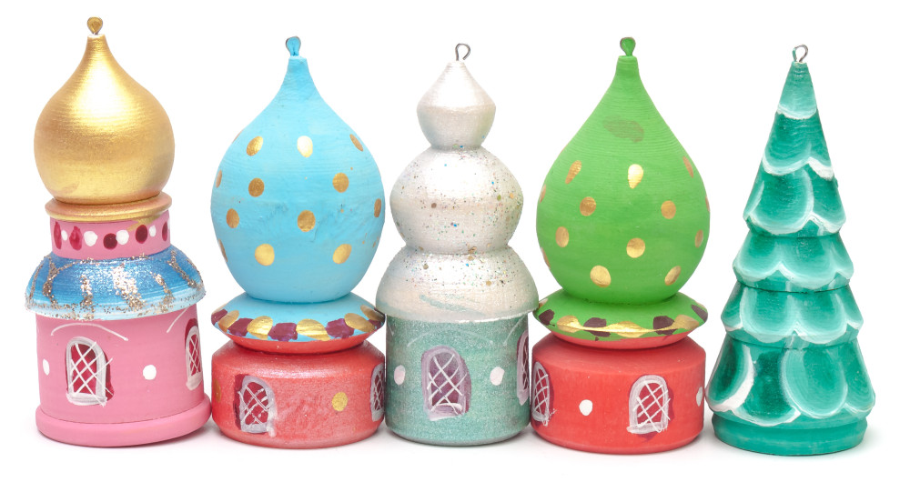Russian Domes Hand Painted and Carved Christams Tree Wooden Ornaments set of 5 pcs (by Anatoly Christmas Crafts)