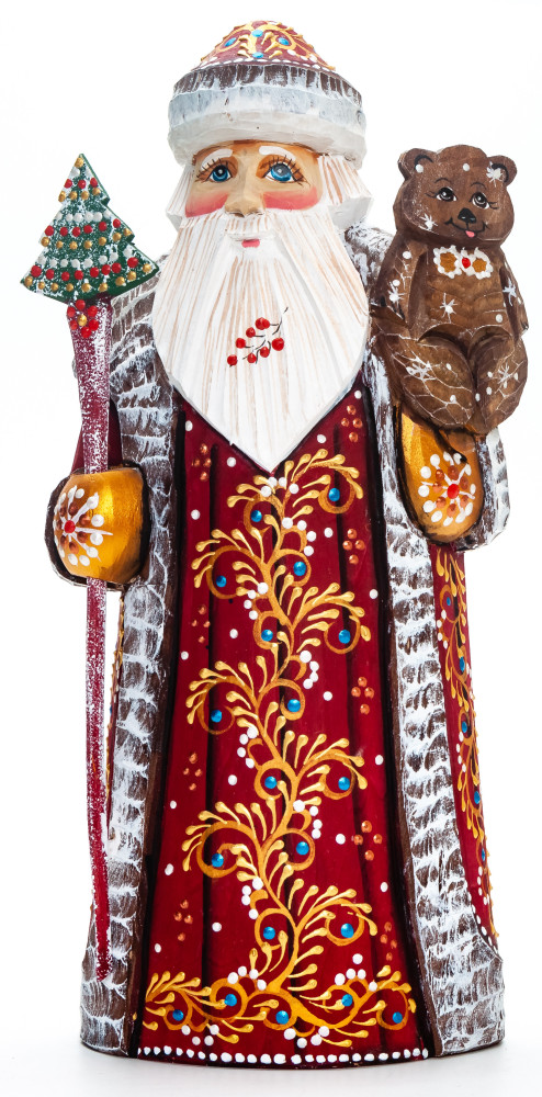 230 mm Santa with a Magic Staff and a Bear handpainted Wooden Carved Statue (by Natalia Nikitina Workshop)