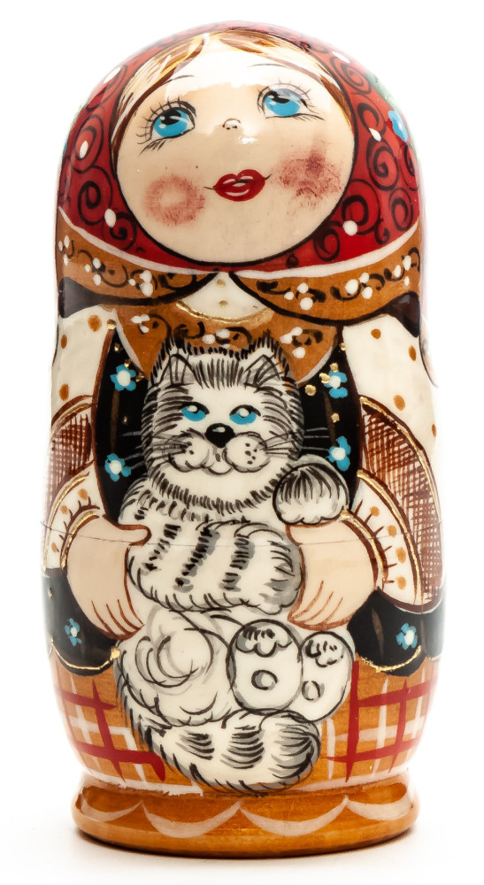 110 mm Russian Girl in Traditional Dress plays with Kitten hand painted wooden Matryoshka doll 5 pcs (by A Studio)