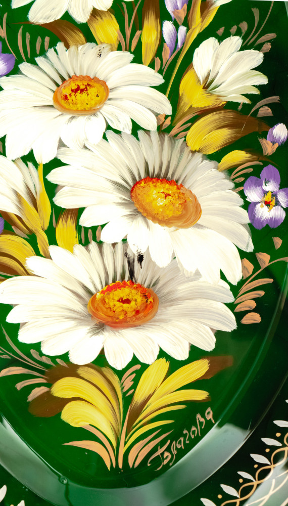 165x255 mm Zhostovo Patterns hand painted and lacquered by Blagova Metal Forged Green Tray (by Lada Crafts)