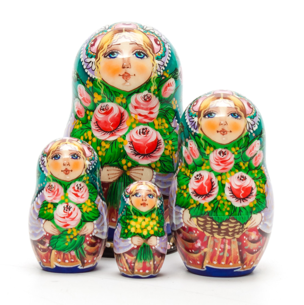 80 mm Maiden with Flowers hand painted on Wooden Matryoshka doll 4 pcs (by Vasily Crafts)