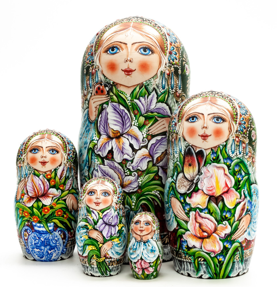 180 mm Girl with Flowers hand painted Matryoshka 5 pcs (by Galina Ulianova)