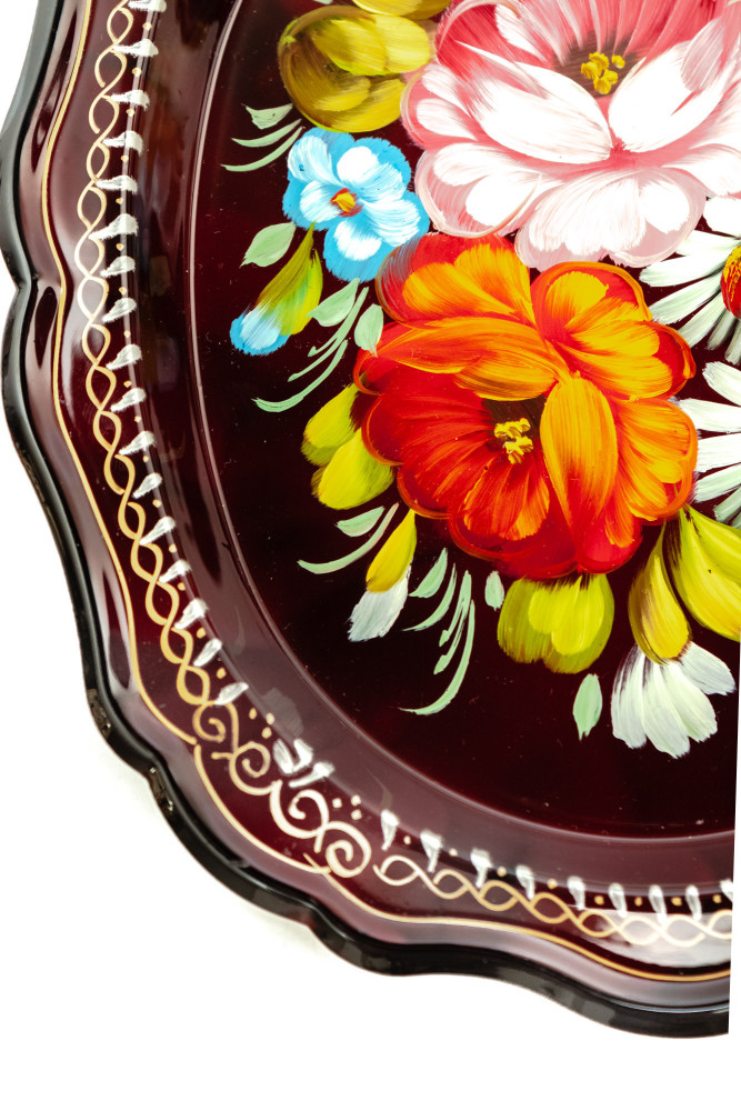 170x210 mm Zhostovo Patterns hand painted and lacquered Metal Forged Carmine Tray (by Lada Crafts)