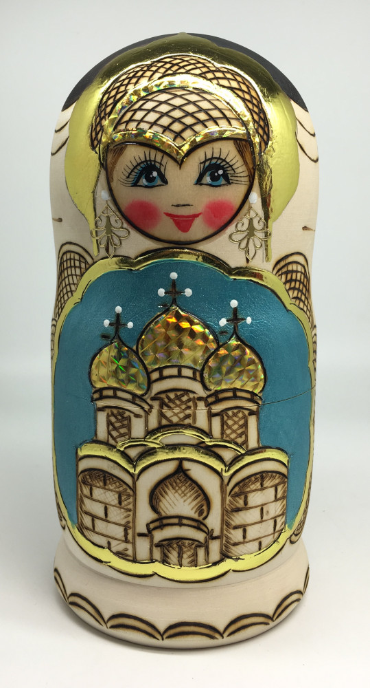 190 mm Moscow Cathedral Burnt Wood Matryoshka Doll 5 pcs inside (by Tabrik Studio)