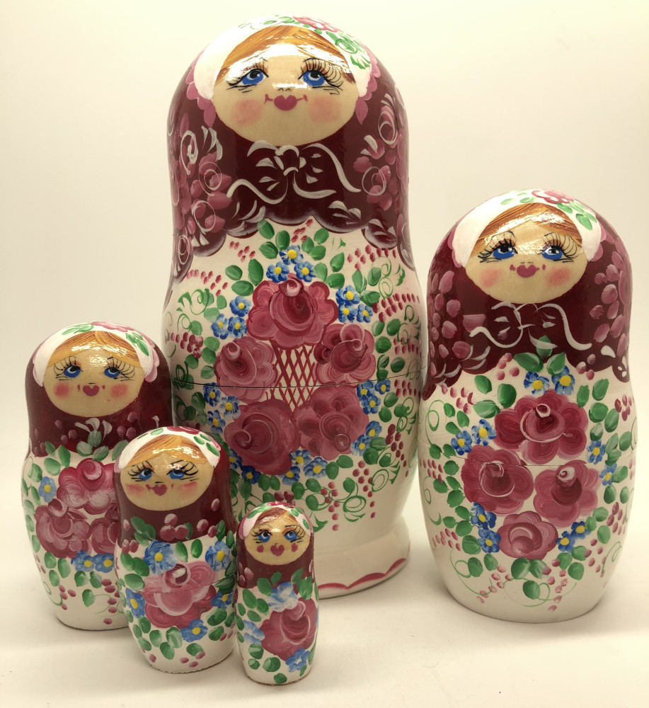 180 mm Red and White Gzhel Patterns hand painted on wooden Russian Matryoshka 5 pcs (by Rose Studio)