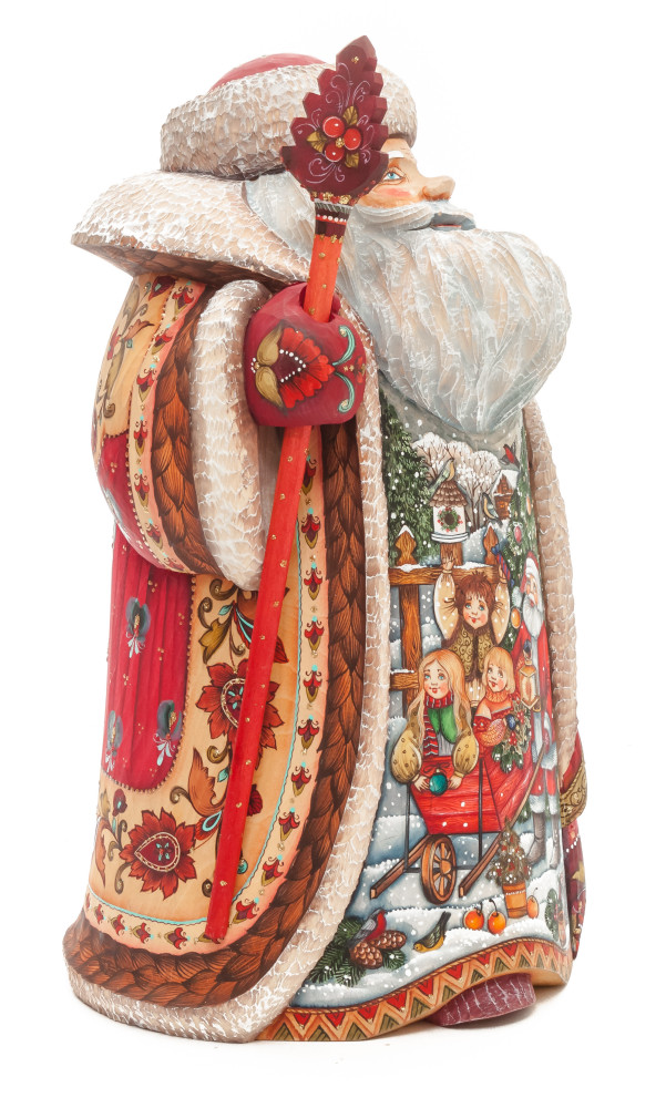 320 mm Santa with a Magic Staff and a Bag with hand painted Santa with Kids Carved Wood Collectible Figurine (by Sergey Christmas Workshop)
