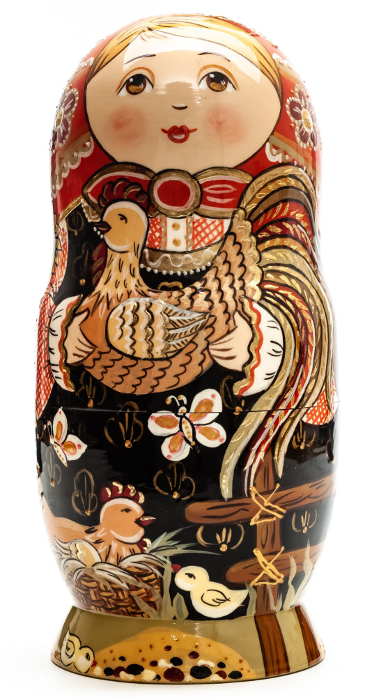 220 mm Maiden with Cockerel hand painted wooden Matryoshka doll 7 pcs (by A Studio)