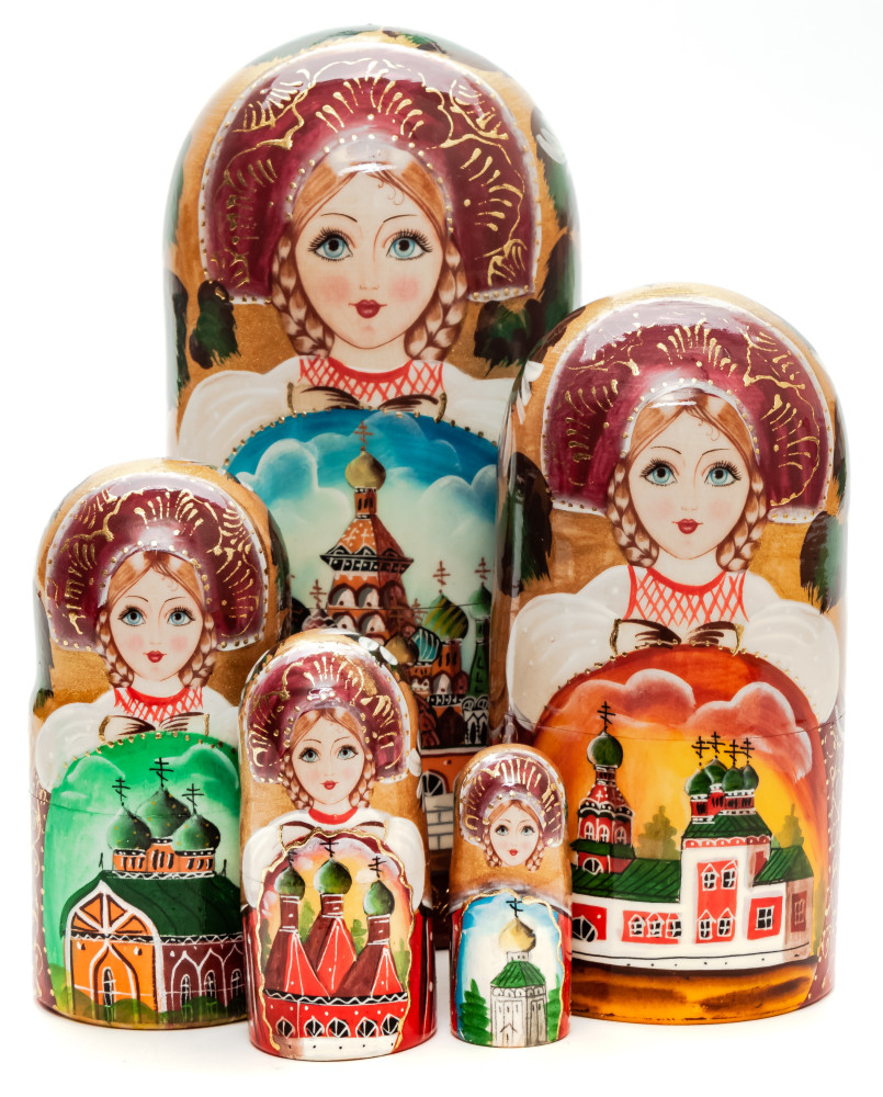 180 mm Moscow Saint Basil Cathedral handpainted Wooden Matryoshka Doll 5 pcs (by Sheherazade)
