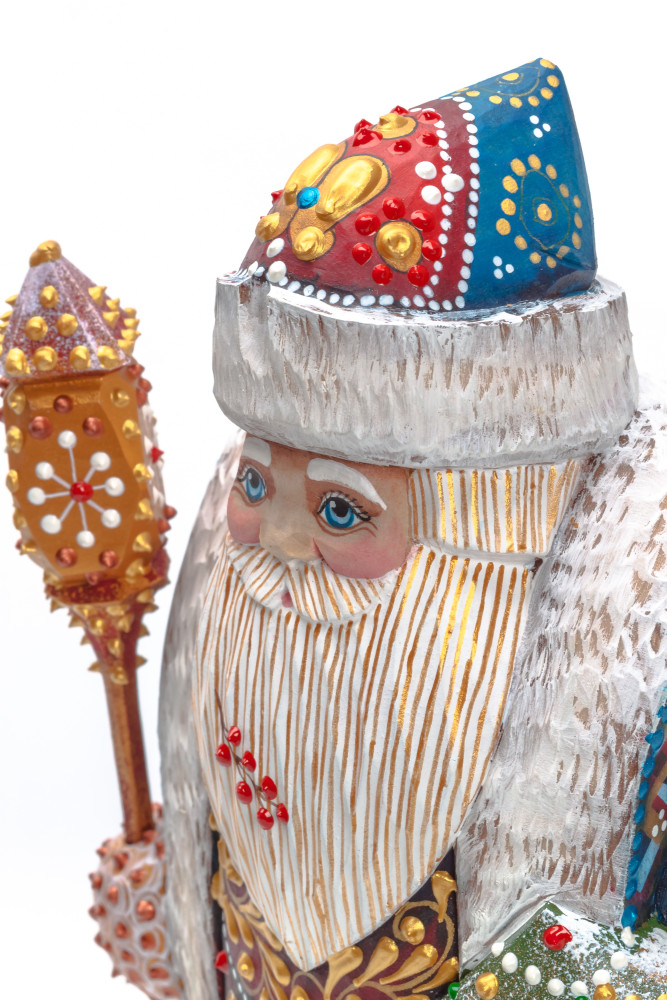 240 mm Santa with a Magic Staff and a Green Christmas Tree Carved Wood Hand Painted Collectible Figurine (by Natalia Nikitina Workshop)