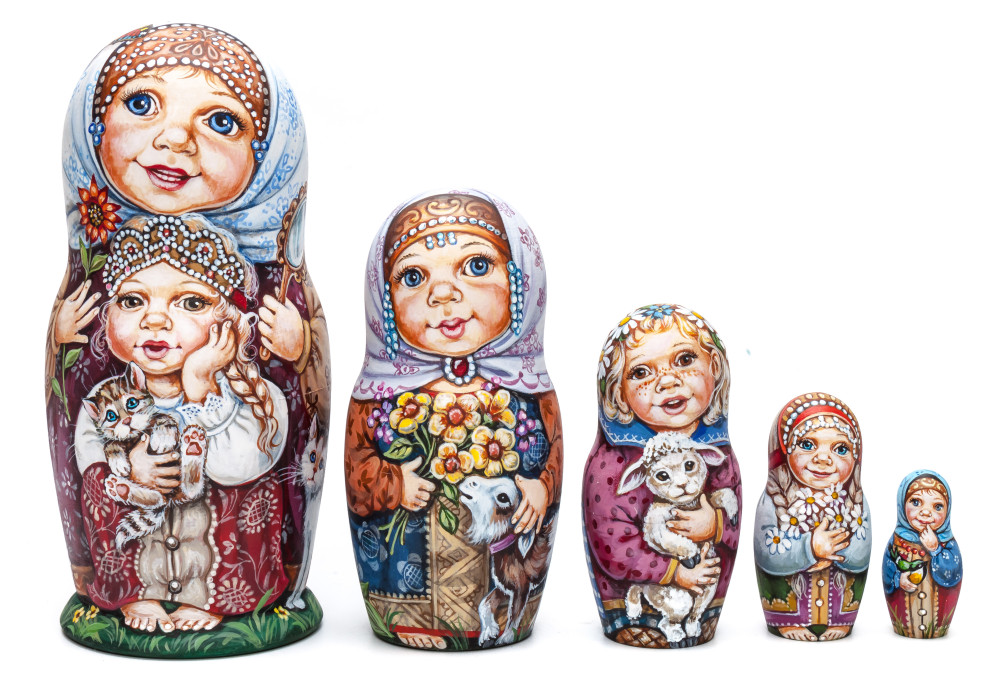 170 mm Girls playing with Kittens miniature hand painted wooden Matryoshka doll 5 pcs (by Nadezda Karpova Studio)