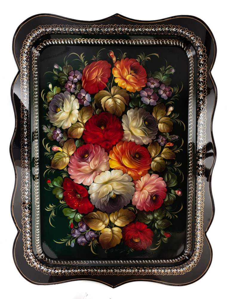 440x590 mm Zhostovo Patterns hand painted and lacquered by Gogin Metal Forged Tray (by Lada Crafts)