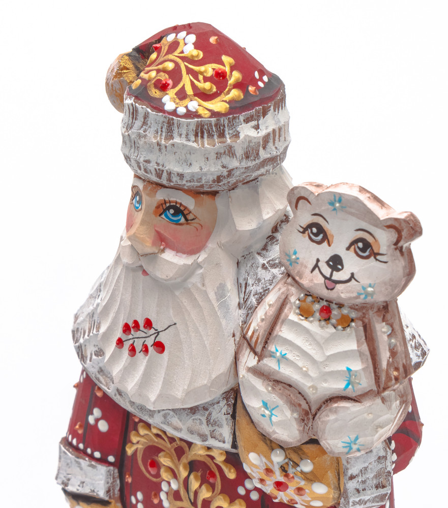 180 mm Santa with a Bag and a Bear Carved Wood Hand Painted Collectible Figurine (by Natalia Nikitina Workshop)