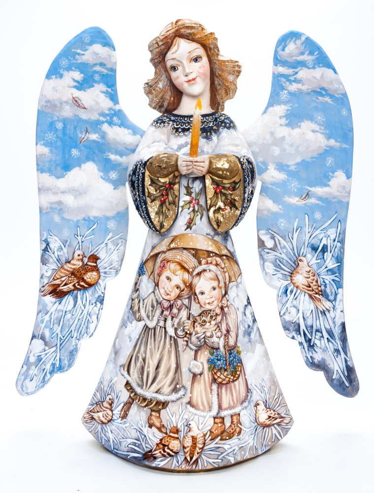 340 mm Mother Angel with a Candle and Children hand painted wooden figurine (by Polar Bear Studio)