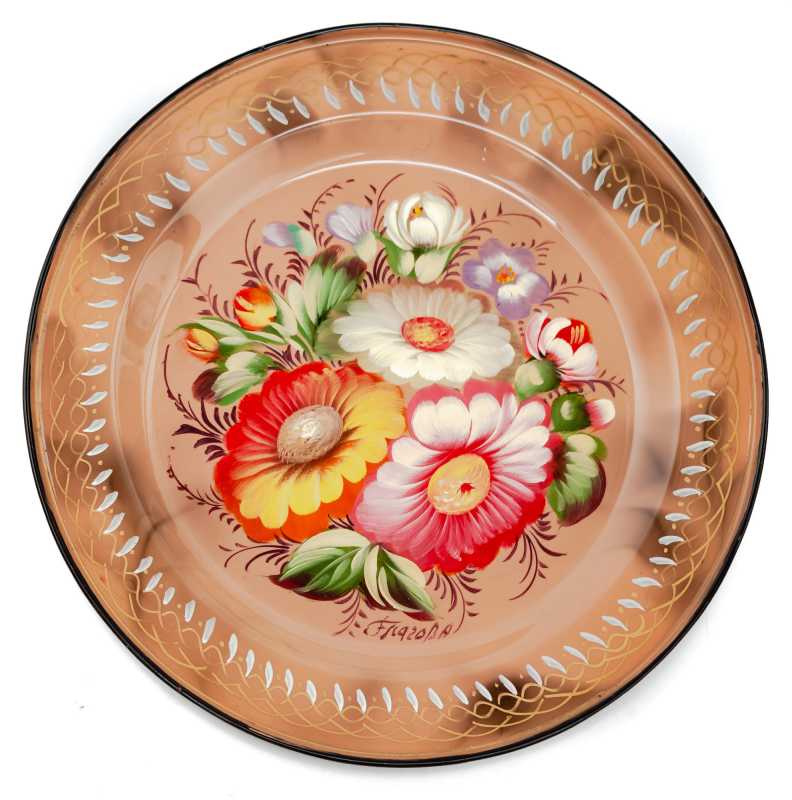  d 180 mm Zhostovo Patterns hand painted and lacquered by Blagova Metal Forged Brown Tray (by Lada Crafts)