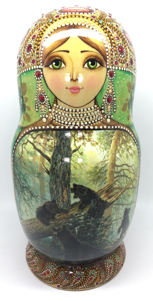 290 mm Morning in the Wood and other Shishkin famous pictures hand painted on Wooden Matryoshka doll 10 pcs green (by Natalia crafts)
