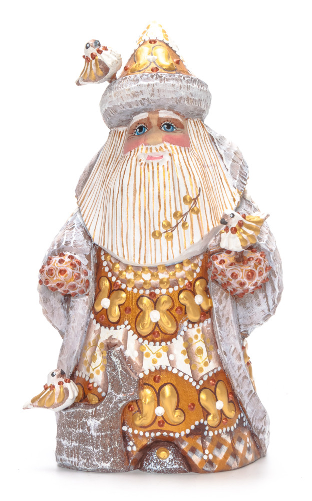 170 mm Santa with Birds Carved Wood Hand Painted Collectible Figurine (by Natalia Nikitina Workshop)