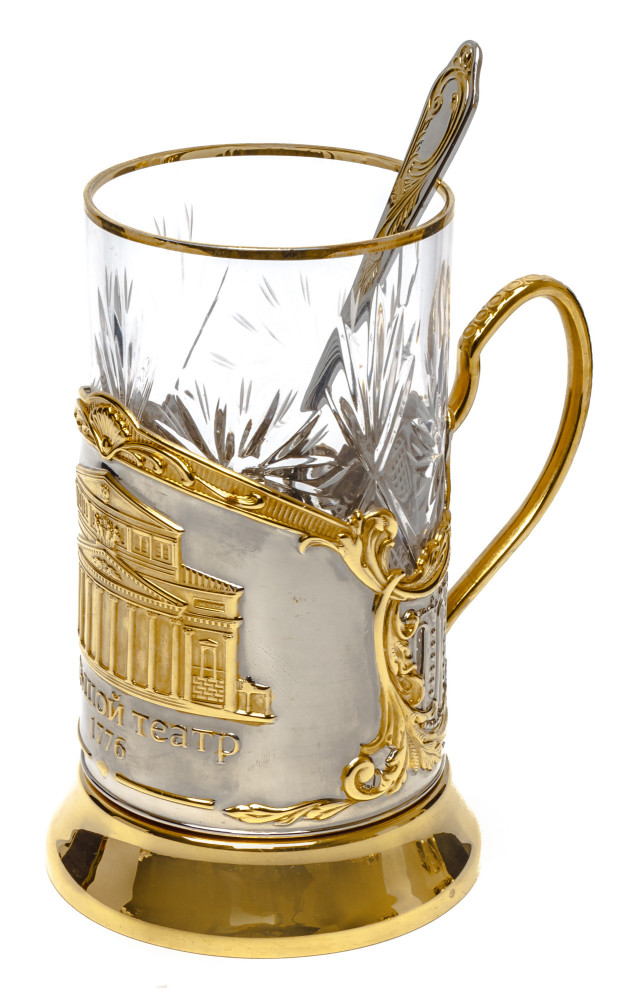 The Bolshoi Theatre Gold Plated Brass Tea Glass Holder with Crystal Glass and Gold Plated Tea Spoon (by Kolchugino)
