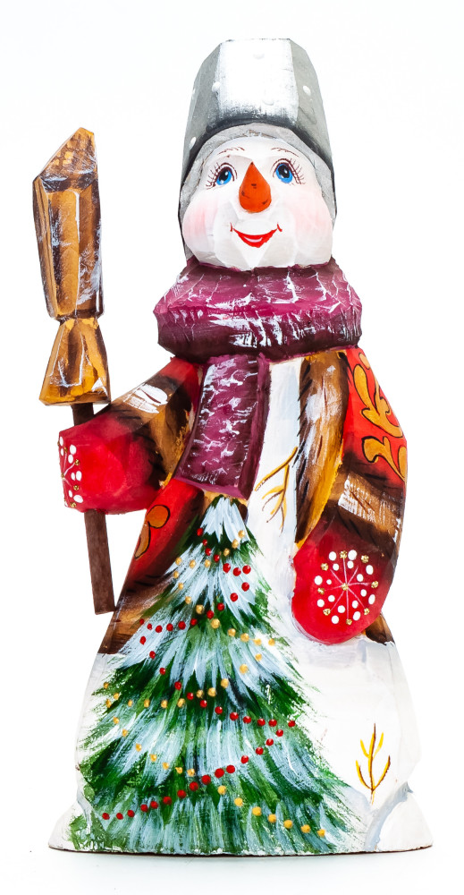 160 mm Snowman with a Broom hand painted wooden figurine (by Natalia Nikitina Workshop)