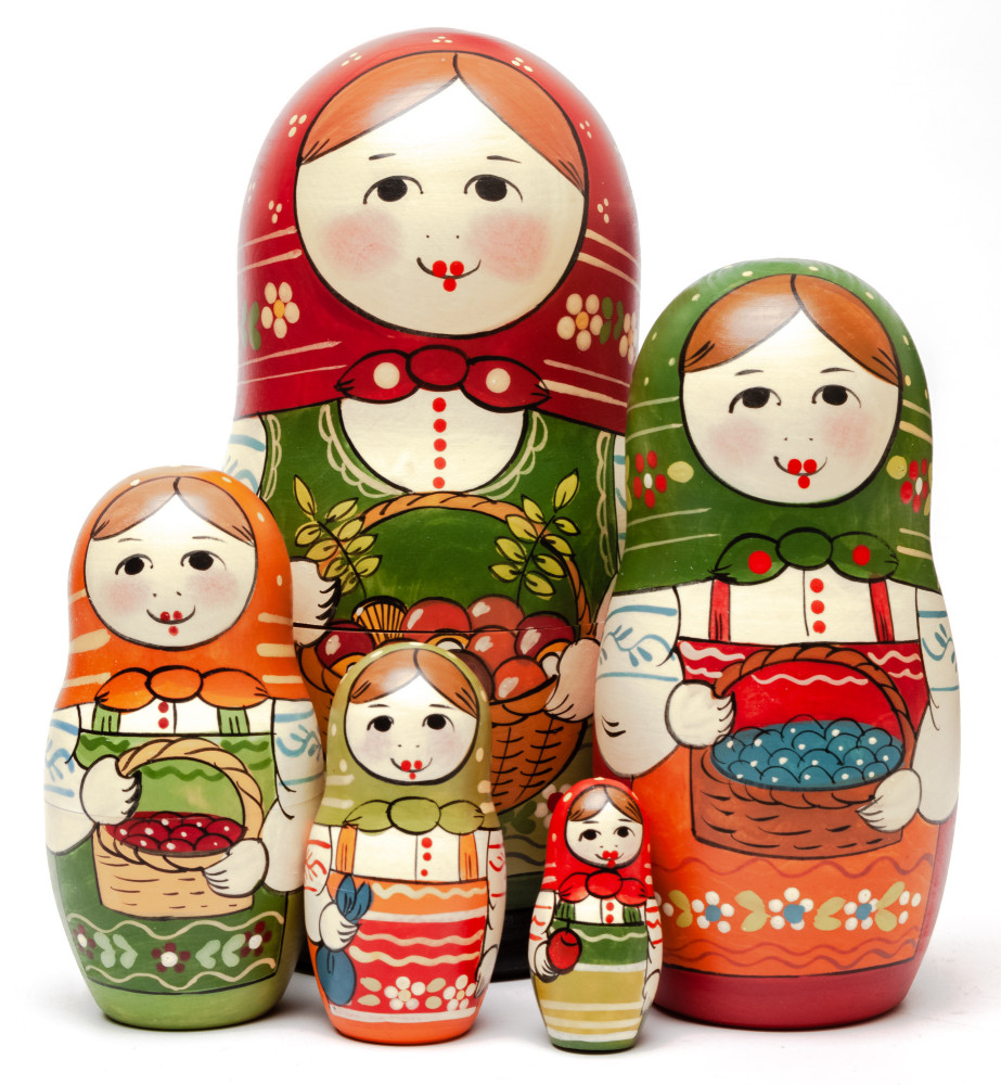 160 mm Maiden with the Basket of Mushrooms hand painted Traditional Russian Wooden Matryoshka doll 5 pcs (by Sergey Malyutin)