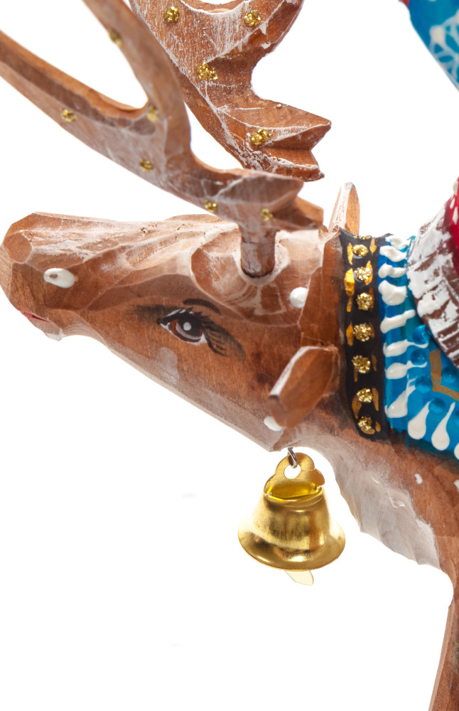 180 mm Santa with a Bag riding the Deer Carved Wood Hand Painted Collectible Figurine (by Natalia Nikitina Workshop)