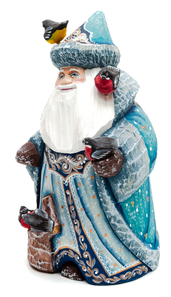 150 mm Santa Claus with Bullfinches hand painted wooden figurine (by Sergey Christmas Workshop)