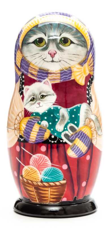 130 mm Cat with a Kitten oh her hands hand painted wooden Matryoshka 5 pcs (by Vasily )