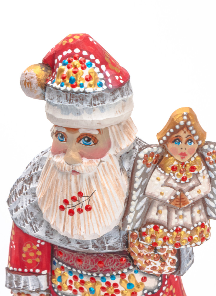 180 mm Santa with a Bag and an Angel Carved Wood Hand Painted Collectible Figurine (by Natalia Nikitina Workshop)