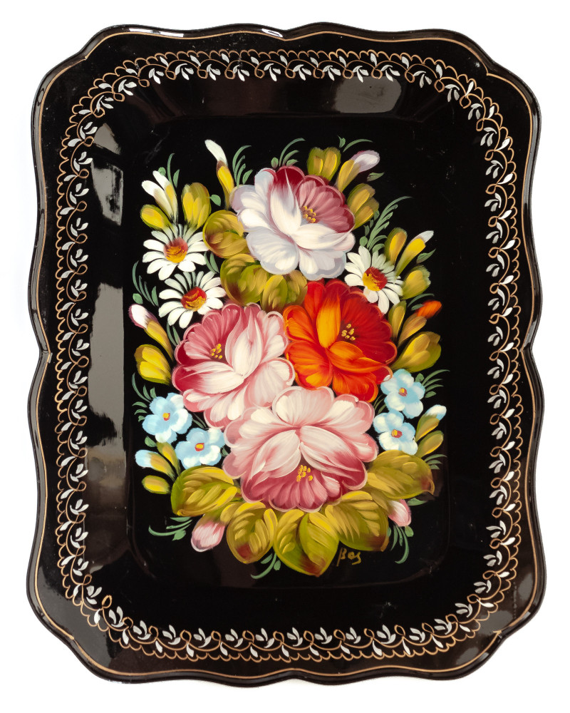 250x320 mm Zhostovo Patterns hand painted and lacquered Metal Forged Tray (by Lada Crafts)