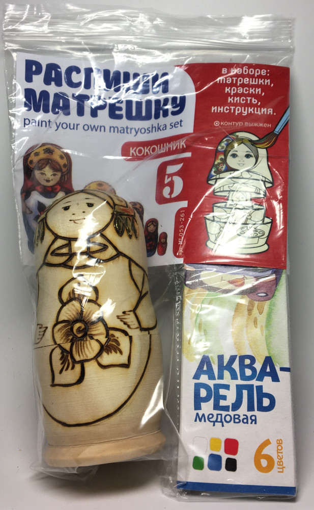 110 mm Blanc Matryoshka With Kokoshnik doll 5 pcs inside with paints, brushes, instruction manual (by Sergey Carved Wooden Dolls)