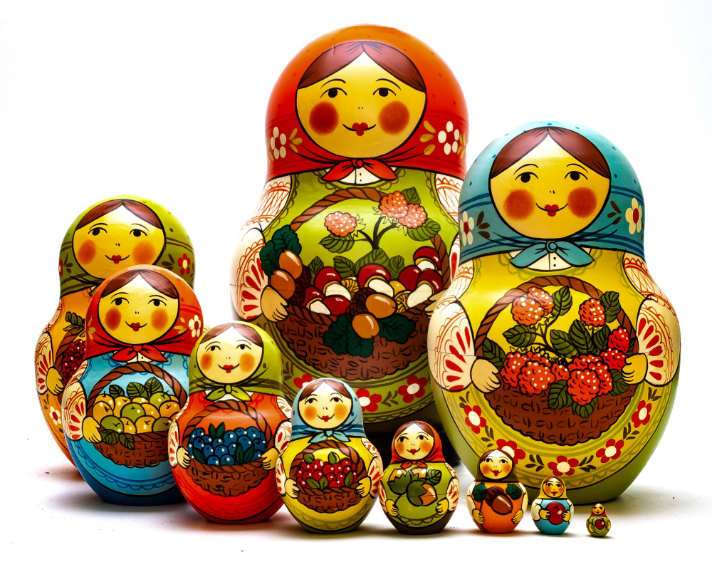 190 mm Mistress with Basket full of Mushrooms hand painted Traditional Russian Wooden Matryoshka round doll 10 pcs (by Igor Malyutin)
