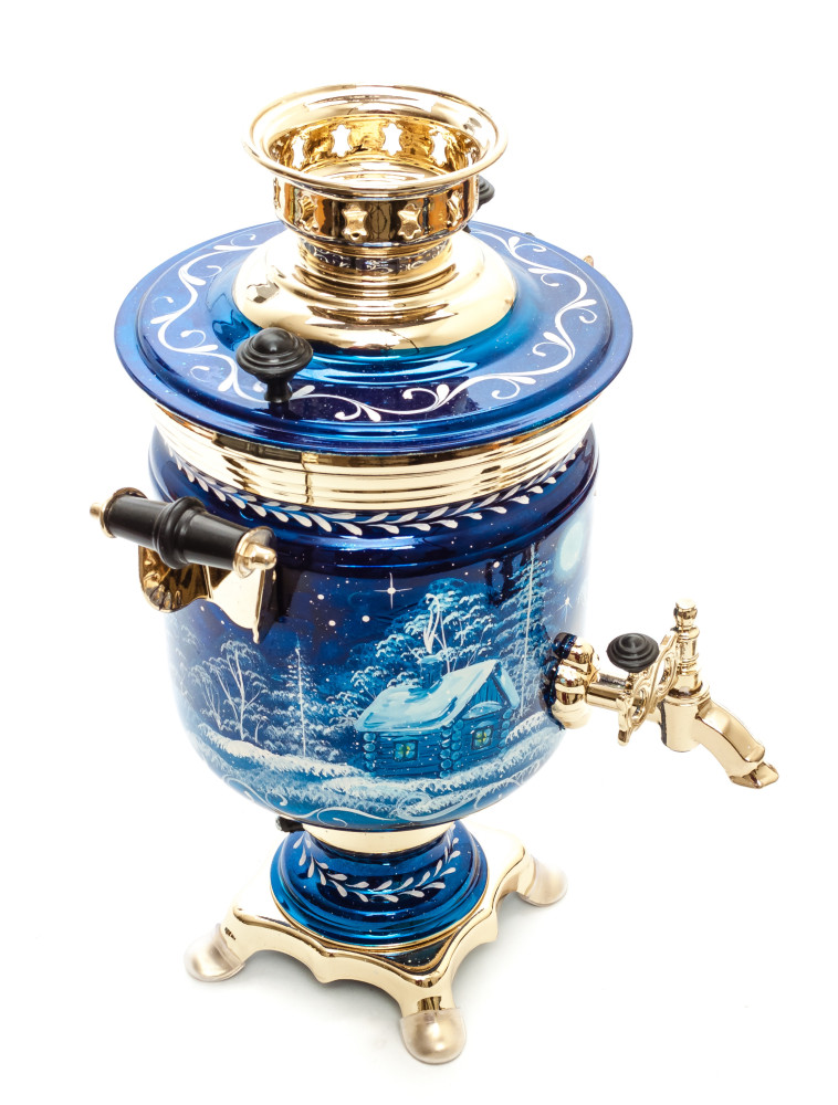 Russian Christmas Night Hand Painted Electric Samovar Kettle with Teapot and Tray