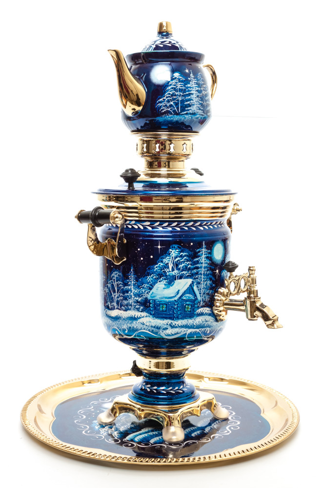 Russian Christmas Night Hand Painted Electric Samovar Kettle with Teapot and Tray