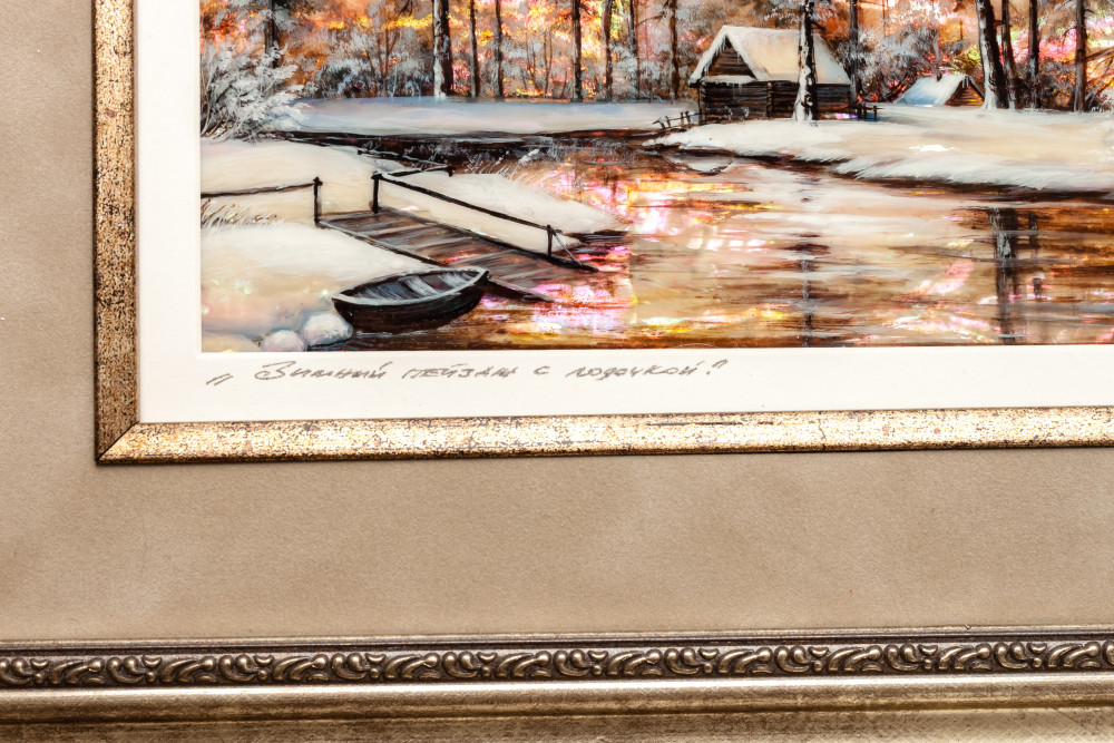 330x450mm Russian Winter landscape hand painted on mother of pearl (by Tatiana Fedoscino Arts)