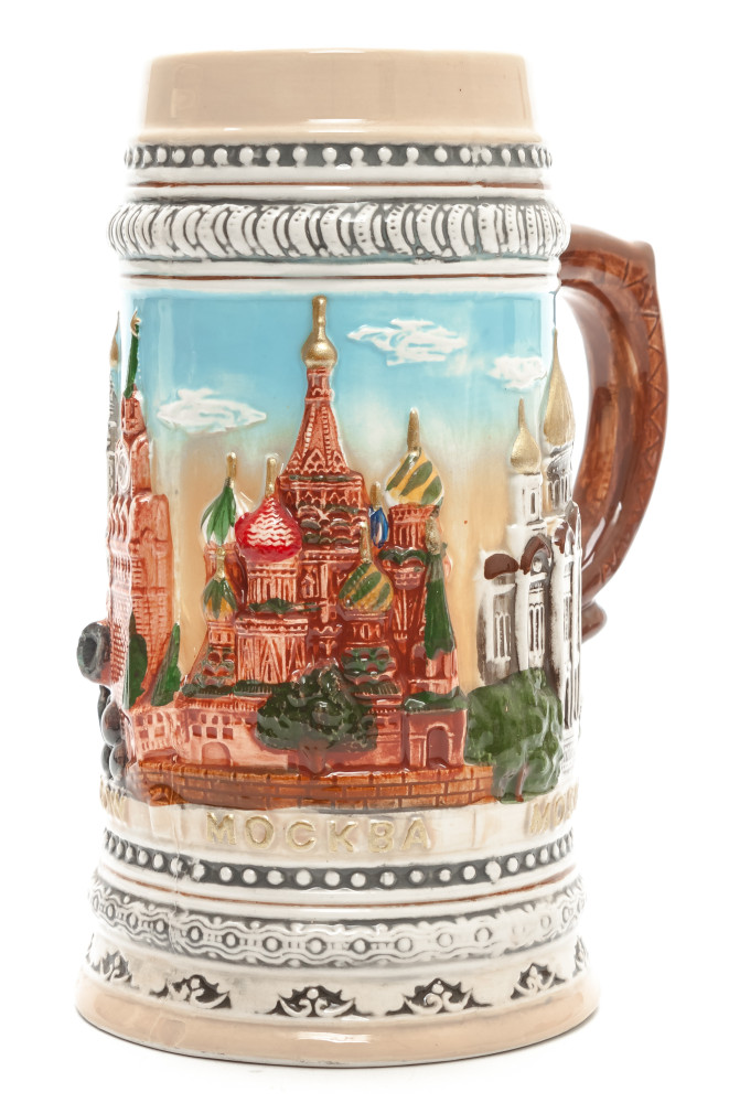 190 mm Moscow Snt Basil Cathedral and Kremlin Beer Mug (by Volga Pottery)
