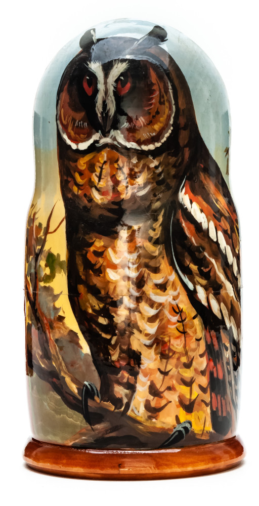 180mm Owl hand painted on wooden Matryoshka doll 5 pcs (by Alexander Famous Paintings Studio)