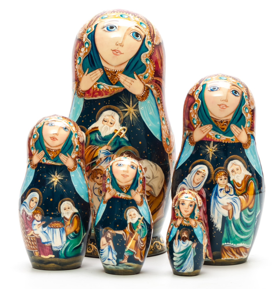 190 mm Nativity of Jesus hand painted on Wooden Matryoshka doll 5 pcs (by Vasily Crafts)