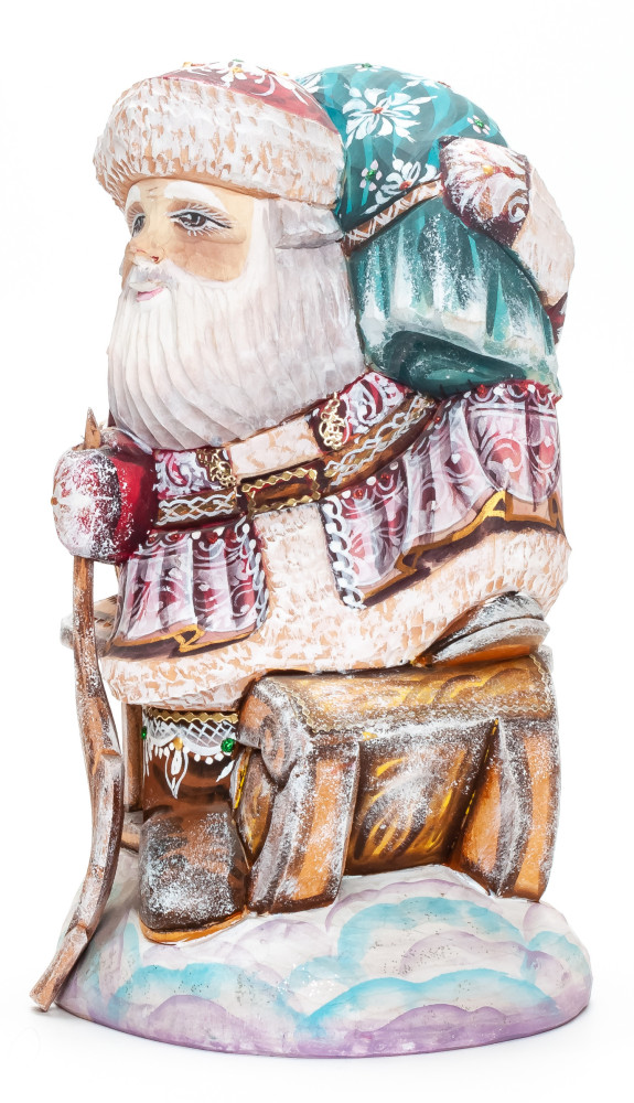 200 mm Santa with a Bag riding the Sleighs Carved Wood Hand Painted Collectible Figurine  (by Natalia Nikitina Workshop)