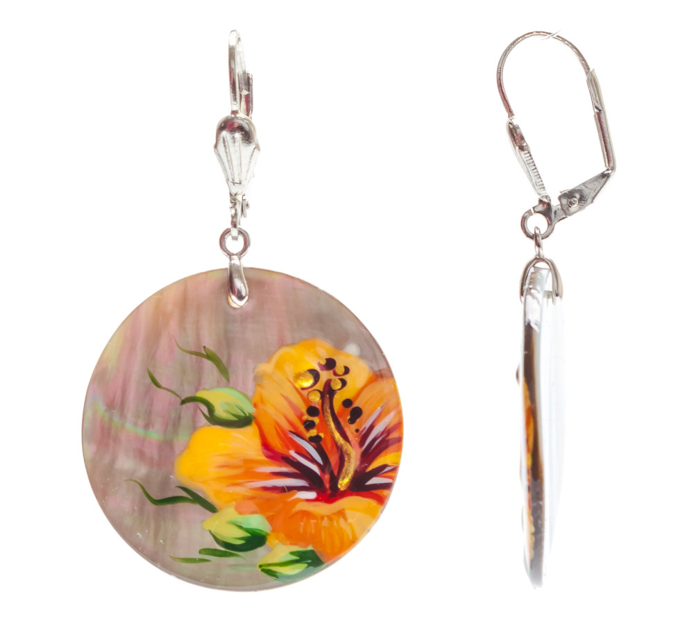 d30 mm Flower hand painted on Nacre Earrings (by Tatiana Shkatulka Crafts)