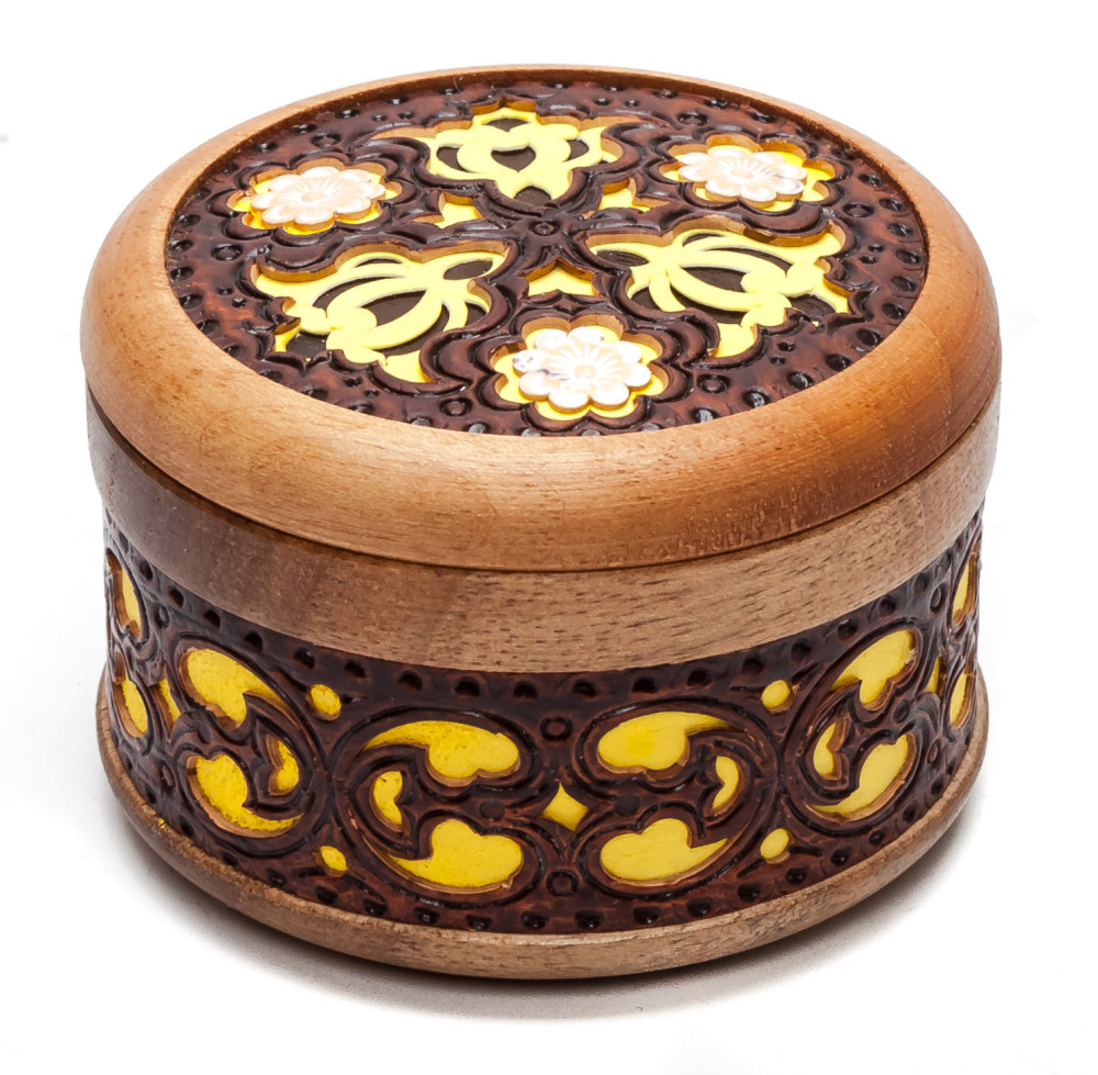 d 60 mm Siberian Patterns hand made Birchbark Jewelry Box (by Maxim Birch)
