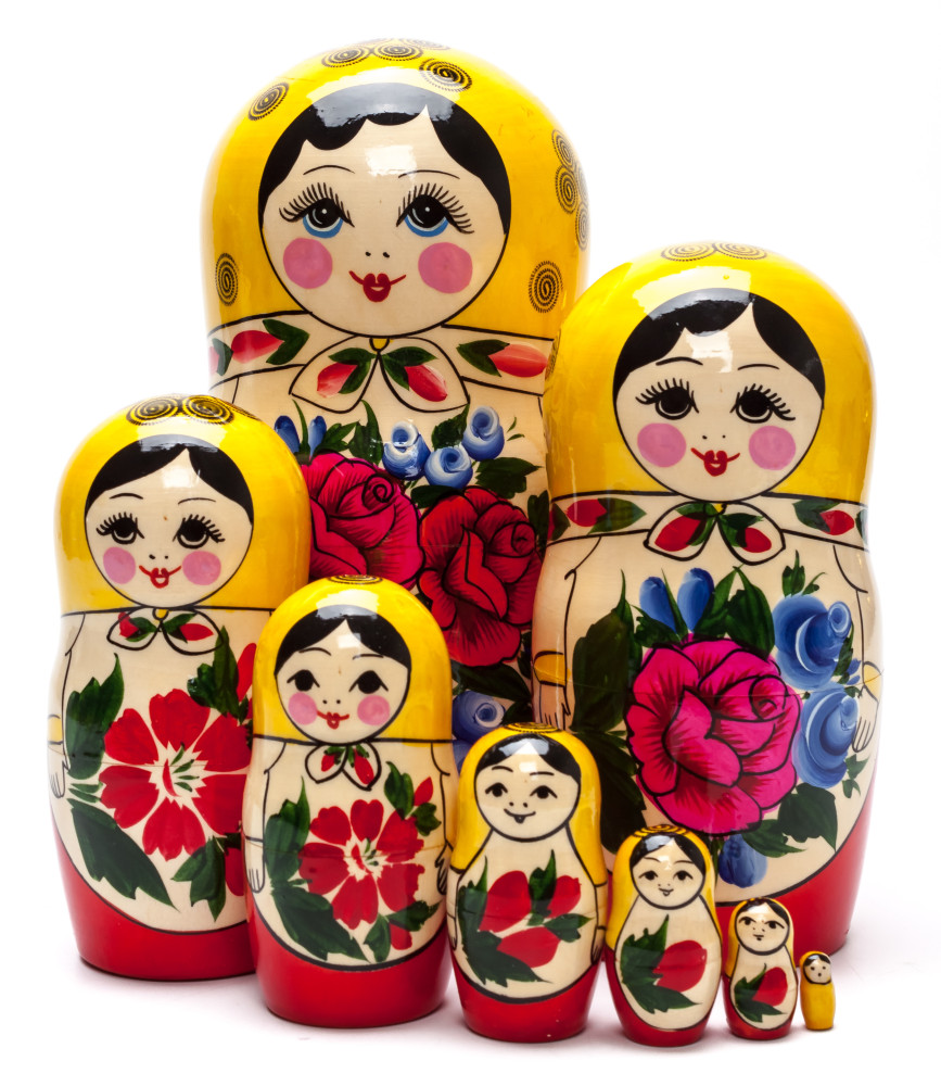 205 mm Yellow Head Semenovskaya handpainted wooden Matryoshka Doll 8 pcs (by Ivan Studio)