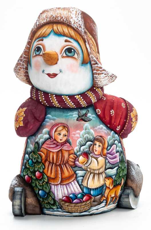 190 mm Snowman Riding the Skates and Children decorating the Christmas Tree wooden figurine (by Natalia Nikitina Workshop)