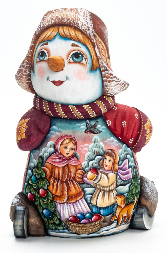 190 mm Snowman Riding the Skates and Children decorating the Christmas Tree wooden figurine (by Natalia Nikitina Workshop)