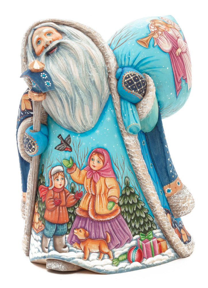 220 mm Santa with a Magic Staff and a Bag with hand painted Kids playing with a Bullfinch Carved Wood Collectible Figurine (by Sergey Christmas Workshop)