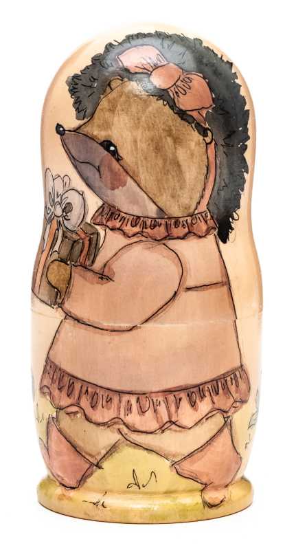 3 pcs Little Hedgehogs with Toys hand painted Matryoshka Doll (by Segey Carved Wooden Dolls Studio)
