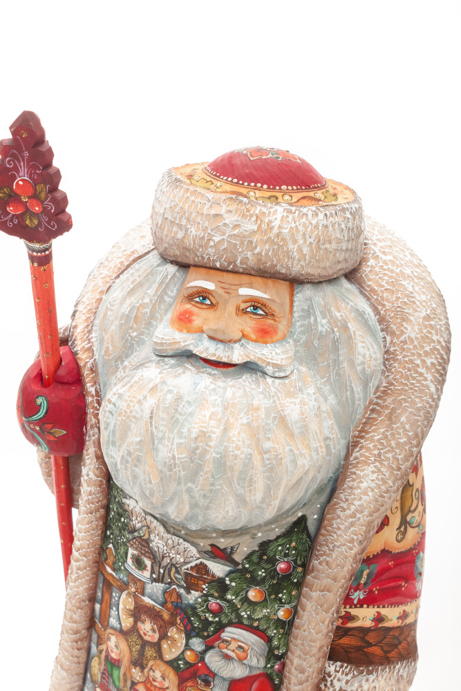 320 mm Santa with a Magic Staff and a Bag with hand painted Santa with Kids Carved Wood Collectible Figurine (by Sergey Christmas Workshop)