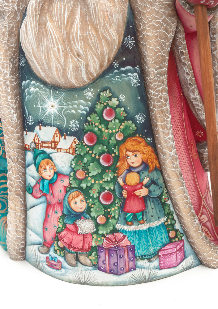 220 mm Santa with a Magic Staff and a Bag with hand painted Kids playing at the Green Christmas Tree Carved Wood Collectible Figurine (by Sergey Christmas Workshop)