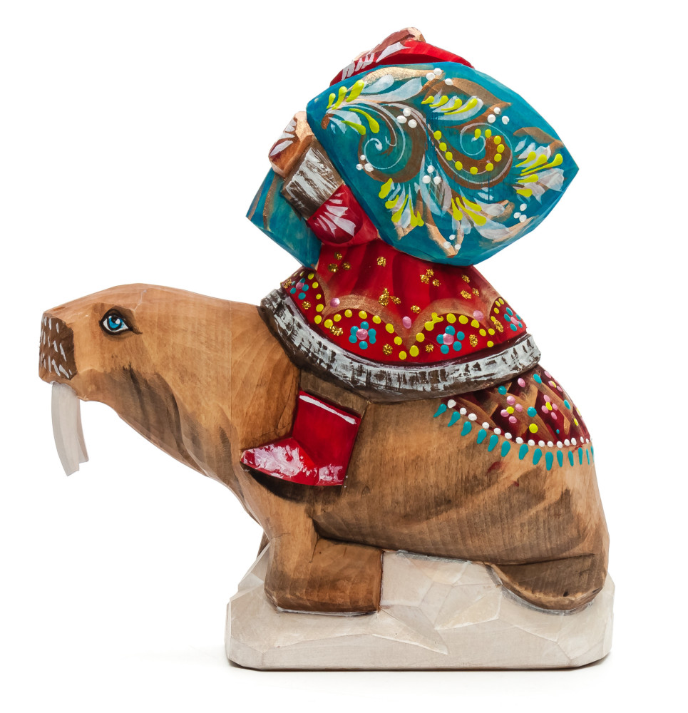 180 mm Santa with a Bag riding a Walrus Carved Wood Hand Painted Collectible Figurine (by Igor Carved Wooden Figures Studio)