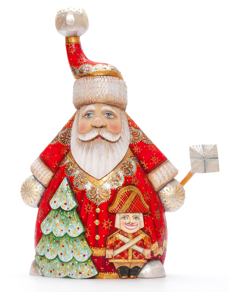 280 mm Santa with a Magic Staff and a Green Christmas Tree Carved Wood Hand Painted Collectible Figurine (by Igor Carved Wooden Figures Studio)