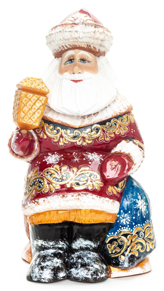220 mm Santa with a Lamp and a Bag handpainted Wooden Carved Statue (by Igor Carved Wooden Figures Studio)