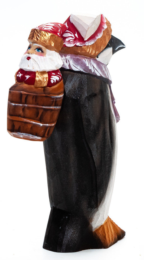 190 mm Penguin with Santa  hand painted Wooden Statue (by Karpova Nadezda)
